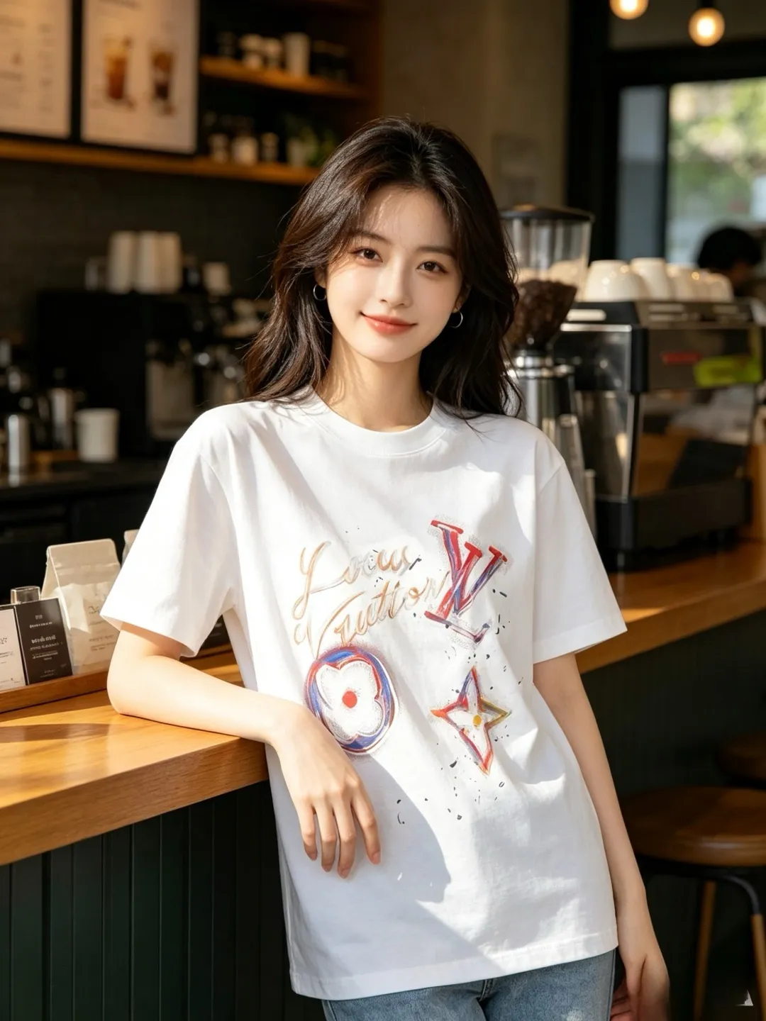 Louis Vuitton/Louis Vuitton oil painting handwritten signature embossed short sleeves